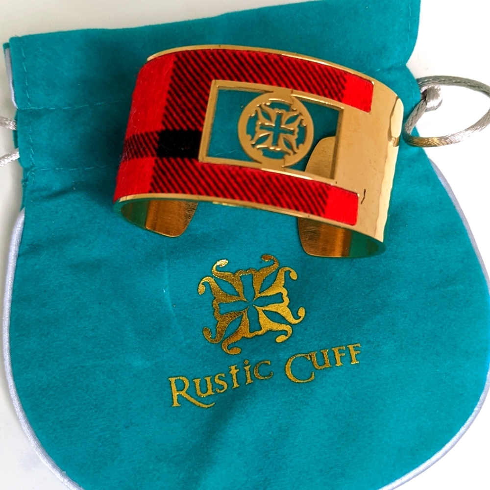 Rustic Cuff Red Plaid and Gold Bracelet